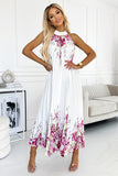 Vestido Longo de Cetim Plissado  ESTER Branco com Flores