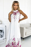 18108-2-456-2 ESTER Pleated satin maxi dress - white with pink flowers-2