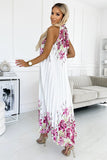 18108-3-456-2 ESTER Pleated satin maxi dress - white with pink flowers-3