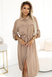 20056-3-531-3 Midi shirt dress with gold buttons and ties - MOCHA MOUSSE-3