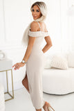 19828-3-564-5 CALLIE Off-the-shoulder midi dress with neckline - light beige-3