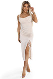 20169-8-594-1 Ribbed midi dress with straps, draped detail and slit - beige-8