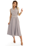 20082-7-596-2 Elegant midi shirt dress with gold buttons and belt - gray beige-7