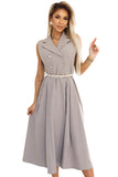 20082-8-596-2 Elegant midi shirt dress with gold buttons and belt - gray beige-8