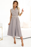 20082-1-596-2 Elegant midi shirt dress with gold buttons and belt - gray beige-1