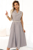 20082-5-596-2 Elegant midi shirt dress with gold buttons and belt - gray beige-5