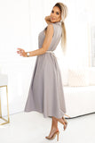 20082-2-596-2 Elegant midi shirt dress with gold buttons and belt - gray beige-2