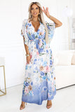 Vestido Longo Fluido Com Estampa Floral Azul e Amarração nas Costas Sabrine