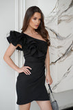 Vestido Festa Luxo Com Folhos e Plumas Mia - Preto