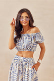 Blusa Decote Espanhol Top Cropped Estampa Azul Noemi