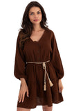 Vestido Boho Chic Curto Verão Mangas Longas Castanho Ayla