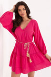 Vestido Boho Chic Curto Verão Mangas Longas Rosa Ayla